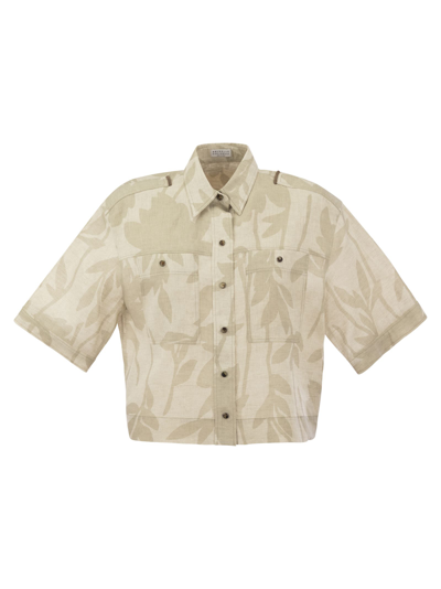 Shop Brunello Cucinelli Ramage Print Linen Shirt With Shiny Tabs