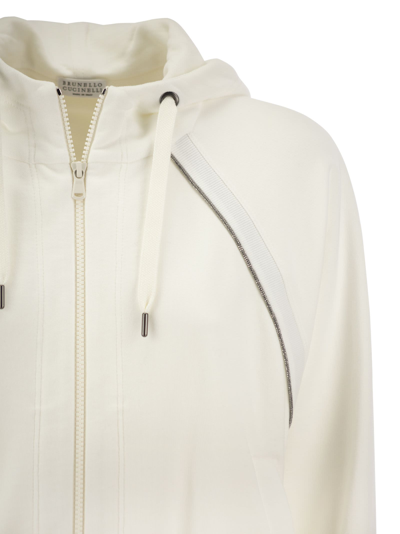 Shop Brunello Cucinelli Smooth Cotton Fleece Hooded Topwear With Shiny Piping