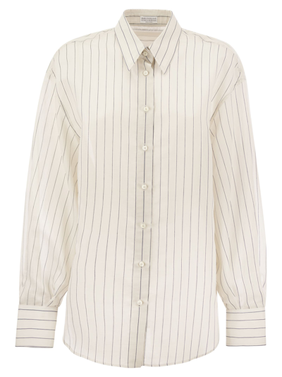 Shop Brunello Cucinelli Sparkling Stripe Cotton Silk Poplin Shirt With Necklace