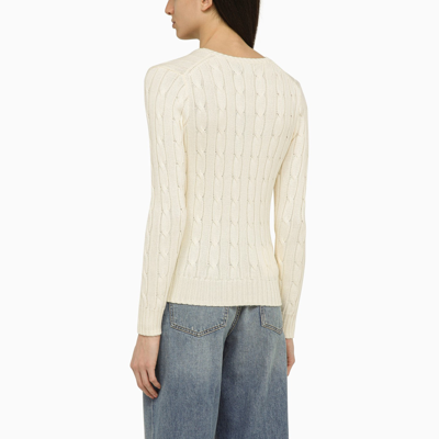 Shop Polo Ralph Lauren Cream Coloured Cotton Cable Knit Sweater With Logo
