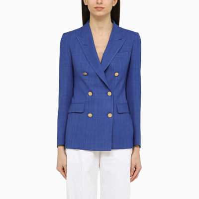 Shop Tagliatore Blue Linen Double Breasted Jacket