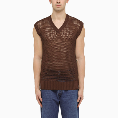 Shop Tagliatore Brown Perforated Cotton Waistcoat