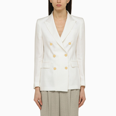 Shop Tagliatore White Linen Double Breasted Jacket