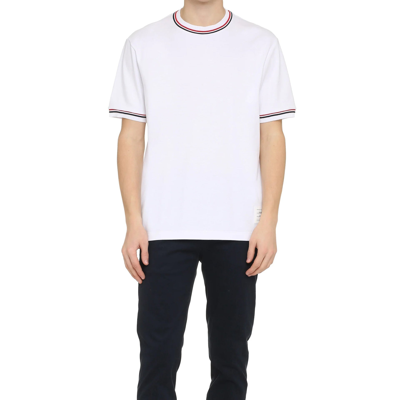 Thom Browne White Crewneck T-shirt With Rwb Detail On Neck And Sleeve