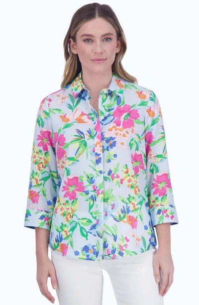 Shop Foxcroft Luna Floral Button-up Shirt In Blue Multi