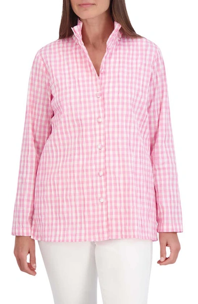 Foxcroft Carolina Gingham Crinkled Cotton Blend Button-up Shirt In Softshell Pink