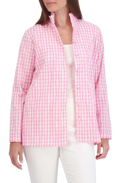 Foxcroft Carolina Gingham Crinkled Cotton Blend Button-up Shirt In Softshell Pink