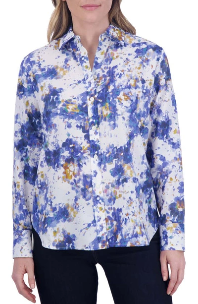 Shop Foxcroft Meghan Abstract Floral Cotton Button-up Shirt In Blue Multi