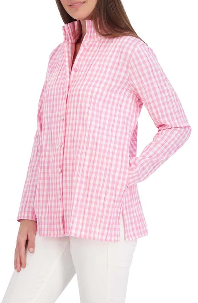 Foxcroft Carolina Gingham Crinkled Cotton Blend Button-up Shirt In Softshell Pink