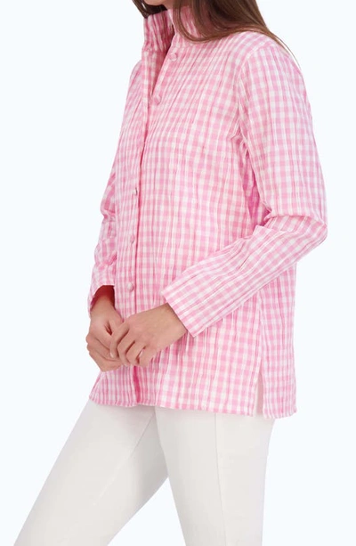 Foxcroft Carolina Gingham Crinkled Cotton Blend Button-up Shirt In Softshell Pink