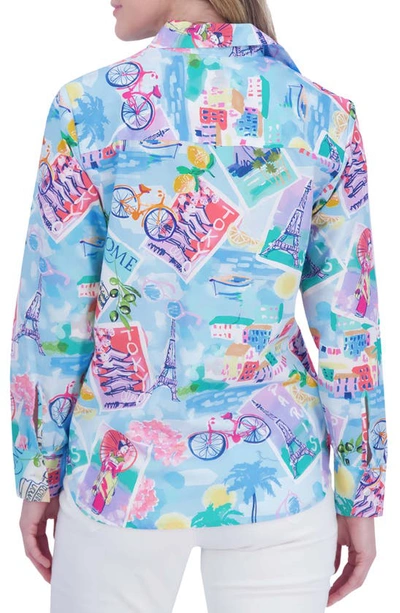 Foxcroft Meghan Long Sleeve Shirt In Travel Conversational In Blue Multi