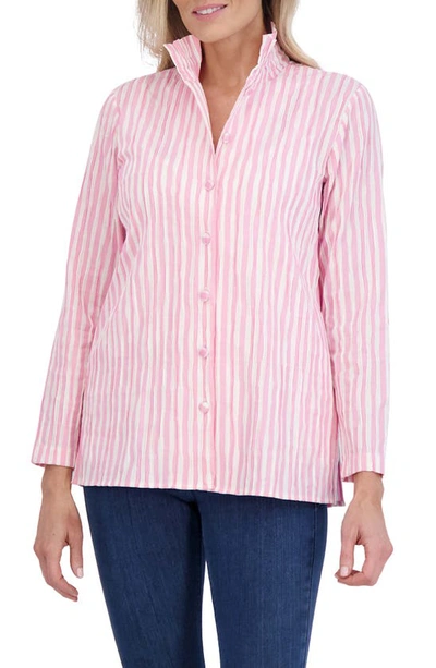 Foxcroft Carolina Gingham Crinkled Cotton Blend Button-up Shirt In Softshell Pink