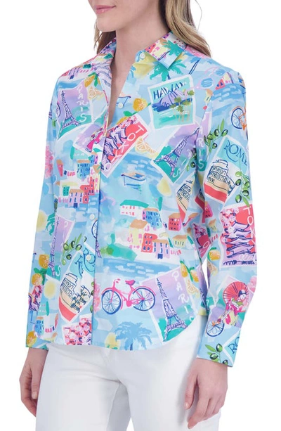 Foxcroft Meghan Long Sleeve Shirt In Travel Conversational In Blue Multi