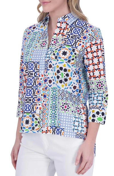 Foxcroft Kelly Print Button-up Shirt In Blue Multi