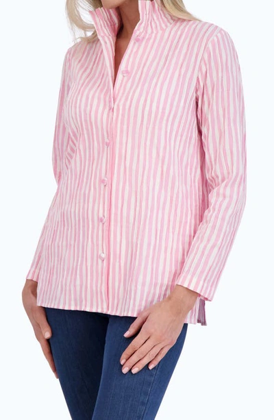 Foxcroft Carolina Gingham Crinkled Cotton Blend Button-up Shirt In Softshell Pink