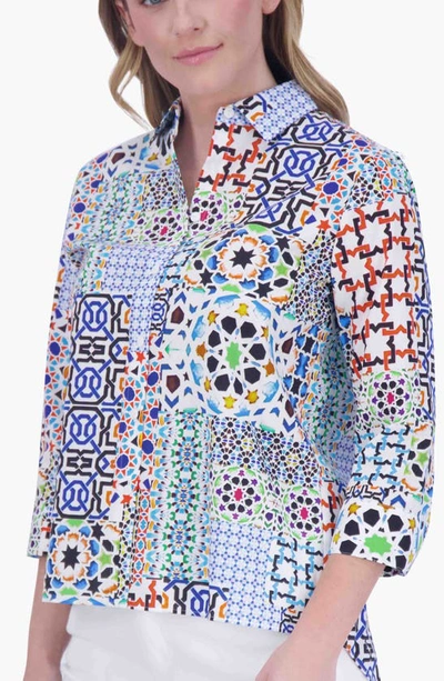 Foxcroft Kelly Print Button-up Shirt In Blue Multi