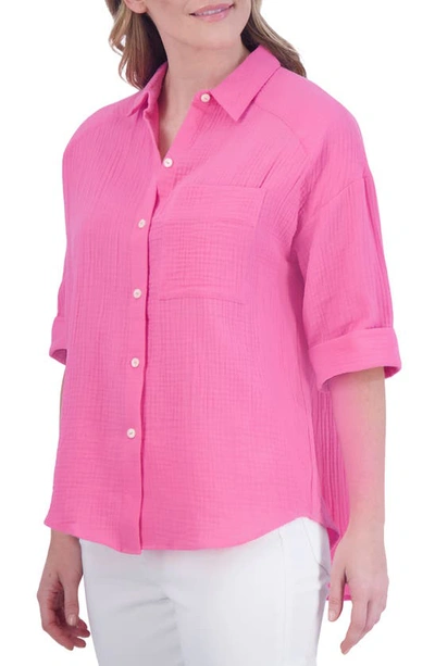 Foxcroft Joanna Cotton Gauze Button-up Shirt In Dahlia