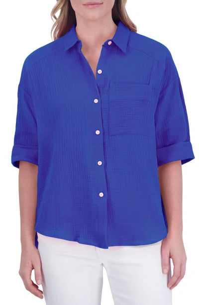 Shop Foxcroft Joanna Cotton Gauze Button-up Shirt In Azure