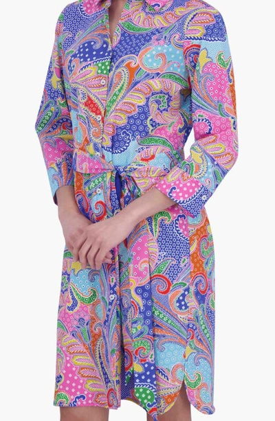 Shop Foxcroft Rocca Paisley Belted Three-quarter Sleeve Cotton Shirtdress In Multi Paisley