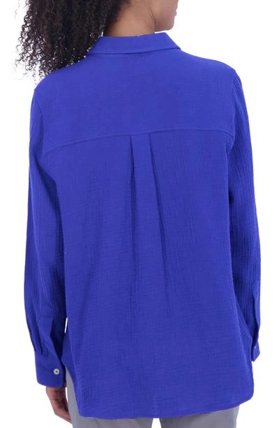 Shop Foxcroft Cotton Gauze Tunic Button-up Shirt In Azure