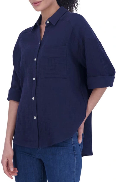 Foxcroft Sandra Cotton Blend Button-up Shirt In Navy