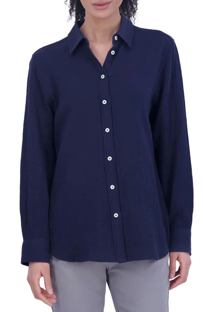 Shop Foxcroft Cotton Gauze Tunic Button-up Shirt In Navy