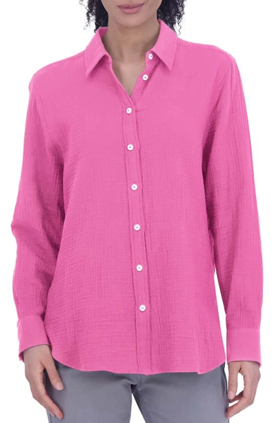 Shop Foxcroft Cotton Gauze Tunic Button-up Shirt In Dahlia