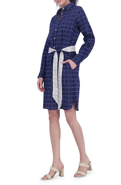 Foxcroft Rocca Dot Print Long Sleeve Cotton Shirtdress In Navy