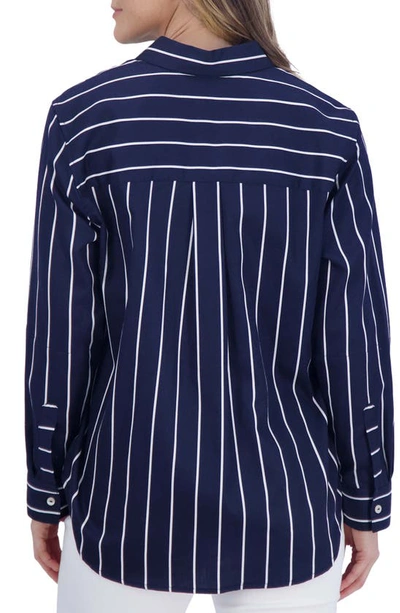 Shop Foxcroft Stripe Tunic Button-up Shirt In Navy