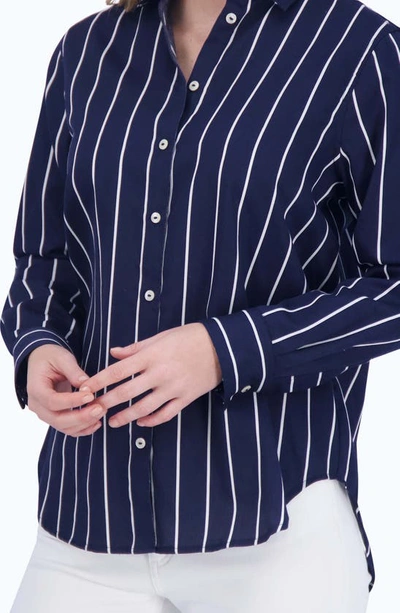 Shop Foxcroft Stripe Tunic Button-up Shirt In Navy