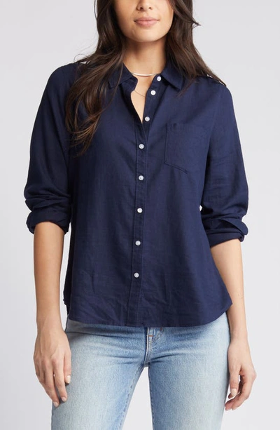Shop Caslon Linen Blend Button-up Shirt In Navy Blazer