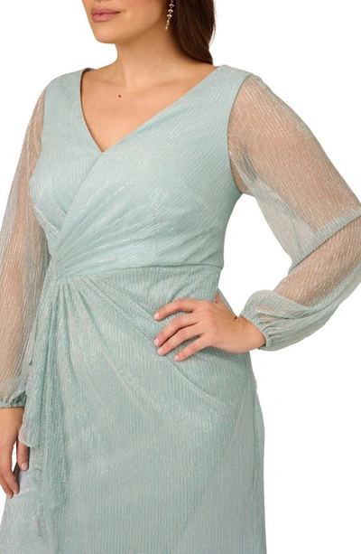Shop Adrianna Papell Metallic Long Sleeve Mesh High-low Cocktail Dress In Mint Smoke