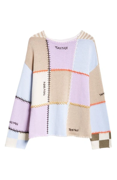 Shop Yanyan Check Cotton Pullover Sweater In Beige/ Lilac/ Sky