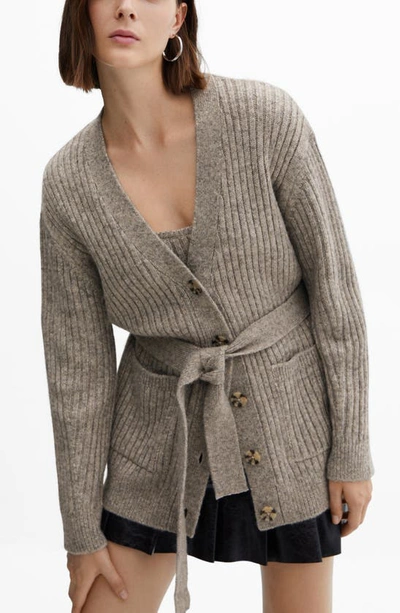Mango Tie Waist Button Front Cardigan In Grey