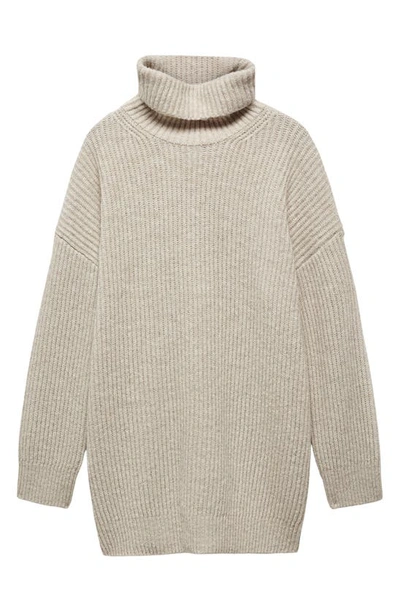 Shop Mango Turtleneck Long Sleeve Rib Sweater Dress In Light Beige/ Pastel Grey