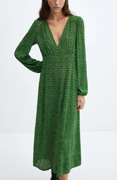 Shop Mango Polka Dot Long Sleeve Midi Dress In Green