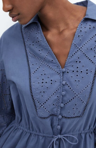 Shop Mango Embroidered Eyelet Long Sleeve Cotton Shirtdress In Blue