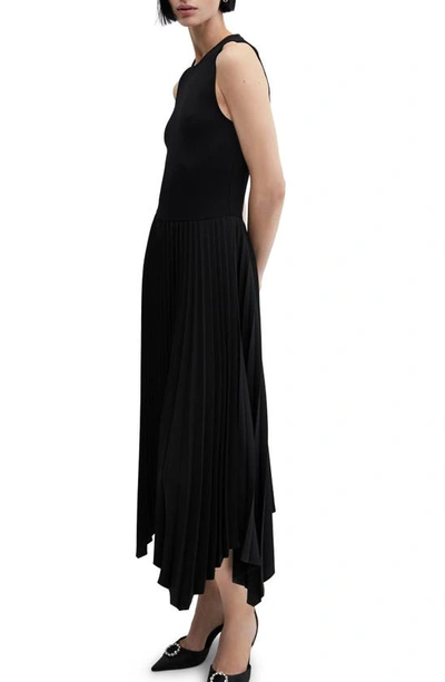 Shop Mango Pleated Handkerchief Hem Sleeveless Midi Dress In Black