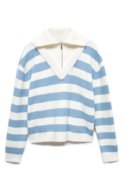 Shop Mango Stripe Rib Half Zip Sweater In Sky Blue
