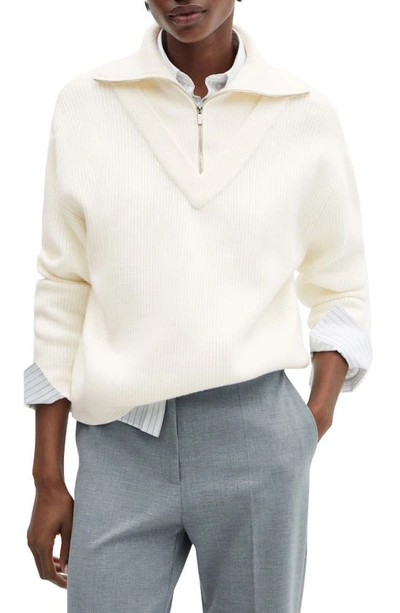 Shop Mango Rib Half Zip Sweater In Ecru