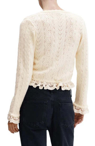 Shop Mango Ruffle Lace Tie Front Crop Cardigan In Ecru