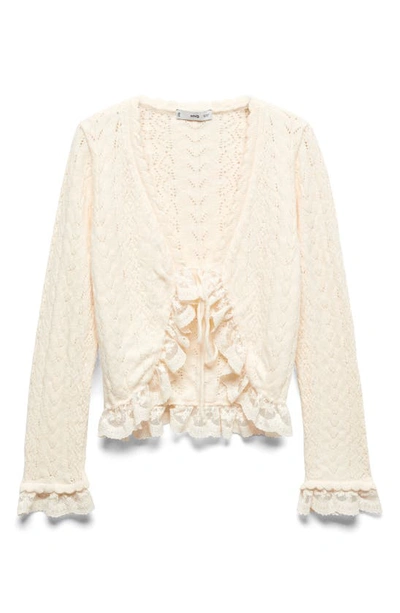 Mango Ruffle Lace Tie Front Crop Cardigan In Ecru