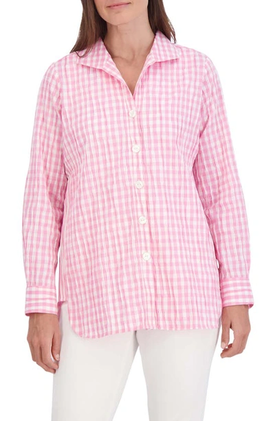Foxcroft Carolina Gingham Crinkled Cotton Blend Button-up Shirt In Softshell Pink