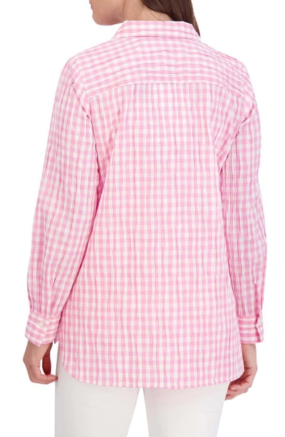 Foxcroft Carolina Gingham Crinkled Cotton Blend Button-up Shirt In Softshell Pink