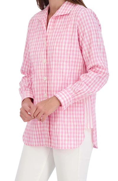 Foxcroft Carolina Gingham Crinkled Cotton Blend Button-up Shirt In Softshell Pink