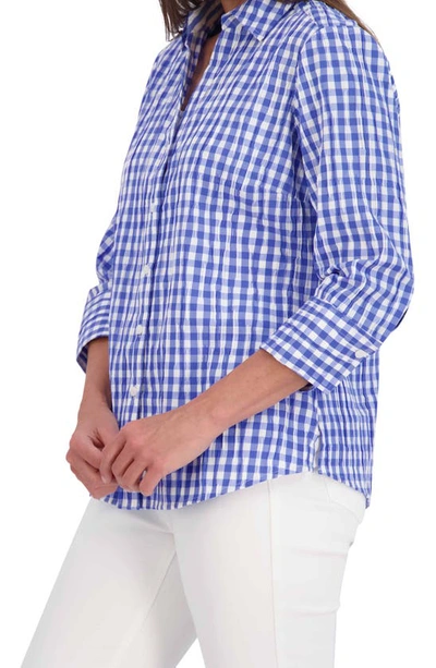 Shop Foxcroft Mary Crinkled Gingham Cotton Blend Shirt In Cornflower