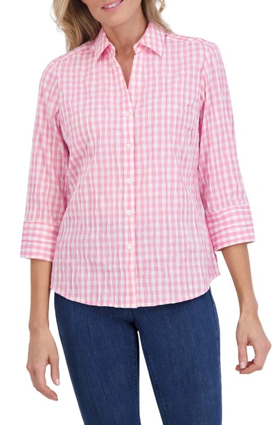 Foxcroft Carolina Gingham Crinkled Cotton Blend Button-up Shirt In Softshell Pink