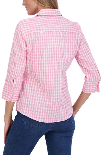 Foxcroft Carolina Gingham Crinkled Cotton Blend Button-up Shirt In Softshell Pink