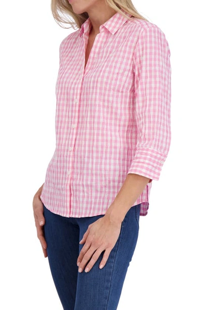 Foxcroft Carolina Gingham Crinkled Cotton Blend Button-up Shirt In Softshell Pink