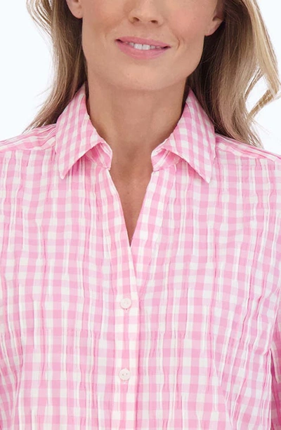 Foxcroft Carolina Gingham Crinkled Cotton Blend Button-up Shirt In Softshell Pink